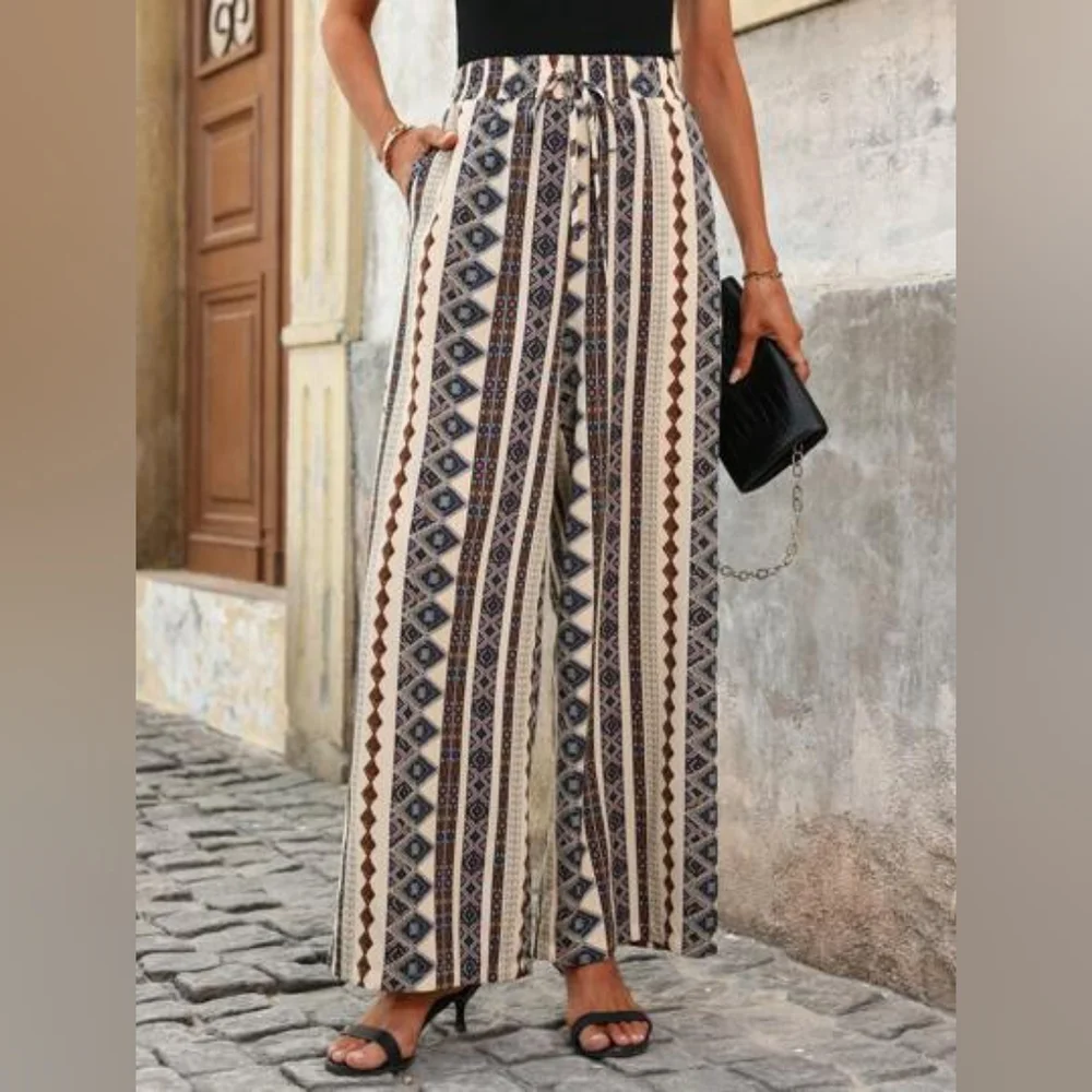 NWT Womens Wide Leg Pants High Elastic Waist Adjustable Knot Vaca Boho Geo Print